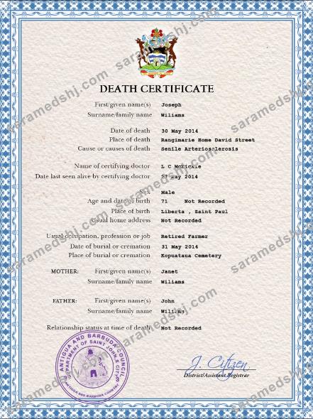 Antigua and Barbuda vital record death certificate PSD template